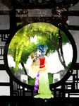  adapted_costume blue_hair chinese_clothes commentary_request double_bun flower hair_flower hair_ornament hanfu kousetsu_(nonosuke) light_particles lips looking_at_viewer looking_back miyako_yoshika miyako_yoshika_(living) purple_eyes short_hair solo touhou tree younger 
