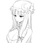  breasts greyscale hat large_breasts lineart long_hair monochrome patchouli_knowledge simple_background solo touhou white_background zaxwu 