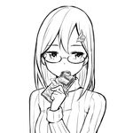  blush chocolate eating glasses greyscale lineart monochrome open_mouth simple_background solo upper_body white_background zaxwu 
