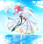  ankle_lace-up bad_id bad_pixiv_id barefoot blue_sky bow_(weapon) bracelet closed_eyes creature cross-laced_footwear cupid day dress feathers flying full_body hair_tubes headdress heart highres jewelry long_hair monster pink_hair profile puzzle_&amp;_dragons reflection see-through shion_sana short_hair sky veil venus_(p&amp;d) walking walking_on_liquid water weapon wings 