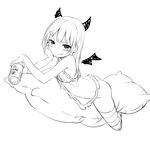  alcohol beer blush can greyscale hair_ornament hairclip horns lineart long_hair monochrome simple_background smile solo thighhighs white_background wings zaxwu 