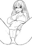  blush bra breasts greyscale large_breasts lineart monochrome open_mouth panties simple_background solo spread_legs underwear underwear_only white_background zaxwu 