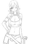  breasts cleavage greyscale hand_on_hip large_breasts lineart long_hair looking_at_viewer monochrome navel one_eye_closed simple_background smile solo white_background zaxwu 
