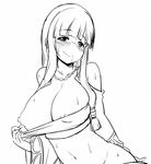  blush breasts greyscale large_breasts lineart long_hair looking_at_viewer monochrome nipples shirt_pull simple_background smile solo sweat white_background zaxwu 