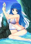  :o bikini blue_eyes blue_hair blush breasts cleavage day hair_ribbon highres long_hair looking_at_viewer medium_breasts miracle_hoshi navel ocean original partially_submerged ribbon rock sitting solo striped striped_bikini swimsuit wariza water 