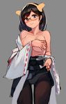  black_hair black_legwear blue_eyes blush breasts covering covering_breasts deneb_(noble324) glasses hairband kantai_collection kirishima_(kantai_collection) large_breasts no_bra off_shoulder panties panties_under_pantyhose pantyhose parted_lips ribbon-trimmed_sleeves ribbon_trim short_hair skirt skirt_lift solo topless underwear 