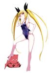  absurdres barefoot blazblue blonde_hair breasts cameltoe feet gii highres kaname_nagi long_hair one-piece_swimsuit rachel_alucard red_eyes ribbon small_breasts solo swimsuit twintails very_long_hair 