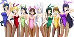  aila_jyrkiainen animal_ears black_hair blonde_hair blue_eyes blue_hair blue_leotard bow bowtie brown_eyes brown_hair bunny_ears bunny_tail bunnysuit detached_collar drill_hair glasses green_eyes green_hair green_leotard gundam gundam_build_fighters highres iori_rinko kenken kousaka_china leotard long_hair mihoshi_(gundam_bf) misaki_(gundam_bf) multiple_girls necktie ootake_akemi pantyhose pink_leotard purple_eyes purple_hair purple_leotard red-framed_eyewear red_leotard samejima_yukari short_hair side-tie_leotard silver_hair simple_background tail twin_drills twintails very_long_hair white_leotard wrist_cuffs yajima_caroline yellow_leotard 