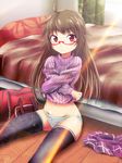  ahoge bag bed belly_peek black_legwear blush brown_hair clothes_lift duffel_bag glasses grey_panties long_hair navel original panties red_eyes ribbed_sweater semi-rimless_eyewear sitting skirt skirt_removed solo sweater sweater_lift thighhighs tom_(drpow) turtleneck under-rim_eyewear underwear undressing 