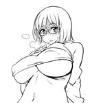  breasts glasses greyscale large_breasts lineart monochrome shaded_face simple_background solo underboob white_background zaxwu 