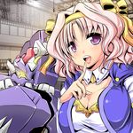  bad_id bad_pixiv_id bow breasts capelet cleavage delgiran finger_to_mouth glowing glowing_eye hair_bow hangar headband index_finger_raised large_breasts lowres maki_(seventh_heaven_maxion) mecha mefil_zania_borlang open_mouth pink_hair purple_eyes short_hair super_robot_wars super_robot_wars_the_lord_of_elemental wavy_hair 