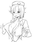  1girl blush breasts cleavage covered_nipples disembodied_limb greyscale hat heart large_breasts lineart monochrome nipple_tweak short_hair simple_background smile white_background zaxwu 
