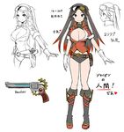  blue_eyes breasts character_sheet cleavage gloves goggles goggles_on_head gradient_hair gun heart large_breasts long_hair looking_at_viewer multicolored_hair multiple_views pixiv_fantasia pixiv_fantasia_new_world profile simple_background smile translation_request weapon white_background white_gloves zaxwu 