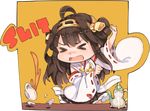  &gt;_&lt; ahoge breaking broken brown_hair chibi closed_eyes cup detached_sleeves double_bun english hairband hao_(patinnko) highres japanese_clothes kantai_collection kongou_(kantai_collection) long_hair open_mouth profanity ribbon-trimmed_sleeves ribbon_trim saucer solo spilling teacup teapot transparent_background wavy_mouth 