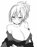  bare_shoulders blush breasts cleavage frown greyscale large_breasts lineart monochrome simple_background solo white_background zaxwu 