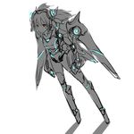  bodysuit full_body glowing grey headpiece machinery mechanical_wings monochrome red_eyes simple_background solo spot_color standing tiptoes white_background wings zaxwu 
