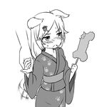  animal_ears blush dog_ears dog_tail fang greyscale hair_ornament hairclip holding_hands japanese_clothes kimono long_hair monochrome paw_print simple_background tail tail_wagging white_background zaxwu 