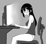  glasses greyscale long_hair looking_at_viewer monitor monochrome open_mouth panties simple_background sitting solo underwear zaxwu 