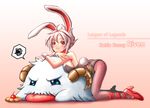  animal_ears battle_bunny_riven belt blue_eyes blush breasts bunny_ears bunny_girl bunny_tail bunnysuit character_name cherry folded_ponytail food fruit high_heels horns league_of_legends medium_breasts pantyhose poro_(league_of_legends) ranken red_eyes resting riven_(league_of_legends) short_hair squiggle tail tongue tongue_out white_hair wrist_cuffs 