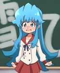  :o blue_eyes blue_hair blush chalkboard happinesscharge_precure! kingetsu_mikoto long_hair nervous pikarigaoka_middle_school_uniform precure red_sailor_collar red_skirt sailor_collar school_uniform shirayuki_hime sidelocks skirt solo 