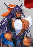  1girl breasts bursting_breasts character_request cleavage dark_skin erect_nipples gigantic_breasts gloves hips huge_breasts legs legwear long_hair nuezou open_mouth purple_eyes purple_hair sengoku_bushou_hime_muramasa sengoku_bushouki_muramasa shiny shiny_skin shoulder_pads solo spread_legs sweat sweatdrop teeth tongue wide_hips 