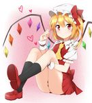  ascot black_legwear blonde_hair blush bow flandre_scarlet hair_bow hat heart looking_at_viewer red_eyes saibi short_sleeves side_ponytail sitting skirt solo touhou wings wrist_cuffs 