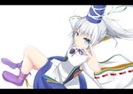  blue_eyes boots grey_hair hat letterboxed long_hair long_sleeves looking_at_viewer mononobe_no_futo ponytail ribbon salute shirt skirt smile solo tate_eboshi touhou two-finger_salute wakasa_kyousuke wide_sleeves 