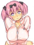  1girl aouma bad_id bad_pixiv_id blue_eyes blush bow breast_squeeze breasts cleavage covered_nipples hair_bow hibari_(senran_kagura) highres jacket large_breasts pink_hair senran_kagura senran_kagura_shoujo-tachi_no_shin'ei short_hair short_twintails solo sweat symbol-shaped_pupils track_jacket twintails zipper 