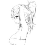  adjusting_hair arms_up blush breasts greyscale large_breasts lineart long_hair monochrome mouth_hold profile simple_background solo tying_hair upper_body white_background zaxwu 