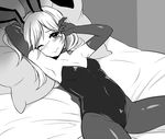  animal_ears blush bunny_ears bunnysuit elbow_gloves gloves greyscale long_hair looking_at_viewer lying monochrome on_back one_eye_closed pantyhose solo tears wince zaxwu 