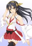  bare_shoulders black_hair detached_sleeves hair_ornament hairband hairclip haruna_(kantai_collection) japanese_clothes kantai_collection long_hair looking_at_viewer nontraditional_miko open_mouth ribbon-trimmed_sleeves ribbon_trim sei_(6862879) skirt solo thighhighs 
