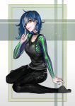  1girl absurdres ahoge black_choker black_footwear blue_hair choker closed_mouth commentary earrings english_commentary fangs green_eyes highres jewelry long_hair looking_at_viewer making_of original pointing pointing_up red_lips simha sitting solo wariza 