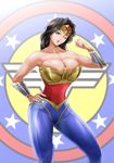  1girl breasts dc_comics ema_(emaura) large_breasts pants shield smile solo strapless tiara wonder_woman wonder_woman_(series) 