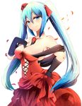  backlighting bare_shoulders between_breasts black_gloves blue_eyes blue_hair breasts cleavage dress elbow_gloves gloves hair_ribbon half-closed_eyes hatsune_miku highres large_breasts long_hair looking_at_viewer microphone microphone_stand off_shoulder petals red_dress ribbon smile solo twintails umakatsuhai very_long_hair vocaloid 