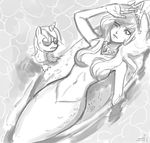  black_and_white breasts crown duo eyewear female fish_tail friendship_is_magic hair horn john_joseco lying lyra_heartstrings_(mlp) mammal mermaid monochrome multi-colored_hair my_little_pony no_feet nude on_back princess_celestia_(mlp) purple_eyes sunglasses water 