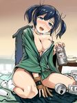  alcohol bad_id bad_twitter_id blue_eyes blue_hair blush breasts breath can cleavage drunk flight_deck gloves hi-ho- japanese_clothes kantai_collection large_breasts long_hair open_mouth partly_fingerless_gloves sake shiny shiny_skin short_hair single_glove sitting smile socks solo souryuu_(kantai_collection) tabi twintails white_legwear yugake 