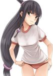  ayasato_mayoi black_hair buruma green_eyes gyakuten_saiban gym_uniform half_updo long_hair low-tied_long_hair mokkosu. shirt solo t-shirt thigh_gap topknot white_background 