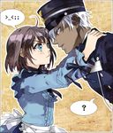  &gt;_&lt; 1girl ? a_(shiei_no_sona-nyl) brown_hair closed_eyes dark_skin frown green_eyes hat lily_(shiei_no_sona-nyl) police police_uniform red_eyes shiei_no_sona-nyl short_hair speech_bubble steampunk_(liarsoft) tossam uniform white_hair yellow_background 