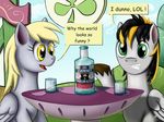  beverage blonde_hair bottle derpy_hooves_(mlp) dialog duo english_text equine female feral friendship_is_magic fur green_eyes grey_fur hair male mammal my_little_pony open_mouth pegasus pony_.mov teeth text wings yellow_eyes yellow_mane 