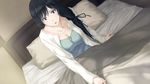 1girl bed bed_sheet black_eyes black_hair breasts game_cg highres innocent_grey kara_no_shoujo_2 large_breasts long_hair looking_away open_mouth pillow sitting solo sugina_miki 