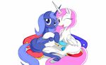  blue_eyes blue_hair blush duo equine female feral friendship_is_magic hair horn horse lolmaster looking_at_viewer lying mammal my_little_pony pillow pink_eyes pink_hair plain_background pony princess_celestia_(mlp) princess_luna_(mlp) smile white_background winged_unicorn wings 