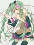 absurdres detached_sleeves green_eyes green_hair hatsune_miku highres long_hair nail_polish necktie open_mouth skirt solo string_phone thighhighs twintails very_long_hair vocaloid 