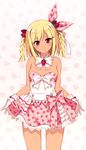  bare_shoulders beatmania beatmania_iidx blonde_hair braid breasts detached_collar dress food_print gloves highres kinoshita_ichi looking_at_viewer pink_dress red_eyes small_breasts smile solo standing strawberry_print tan twin_braids white_gloves xiatian_(beatmania_iidx) 