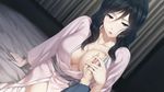  1girl areolae bed black_eyes black_hair breast_grab breasts game_cg grabbing highres innocent_grey japanese_clothes kara_no_shoujo_2 kimono large_breasts long_hair looking_at_viewer nipples no_bra open_mouth sitting sugina_miki 