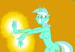  anthro anthrofied big_smile breasts cutie_mark equine female friendship_is_magic glowing green_hair hair horn horse lyra_heartstrings_(mlp) mammal my_little_pony mysteryfanboy718 pony smile solo standing two_tone_hair unicorn white_hair yellow_eyes 
