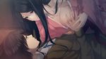  1girl areolae black_hair breast_grab breasts game_cg grabbing highres innocent_grey japanese_clothes kara_no_shoujo_2 kimono large_breasts long_hair looking_down looking_up lying no_bra open_clothes short_hair sugina_miki 