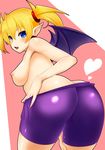  arcana_heart arcana_heart_2 ass bat_wings bike_shorts blonde_hair blue_eyes breasts earrings fang heart jewelry lilica_felchenerow looking_at_viewer medium_breasts nipples parted_lips shiny shiny_clothes short_hair smile solo tomatto_(@ma!) topless twintails wings 