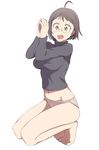  :o ahoge arms_up barefoot black_hair brown_eyes brown_panties glasses hands_together hayyan highres kneeling midriff navel no_pants open_mouth panties rimless_eyewear servant_x_service short_hair simple_background solo steepled_fingers sweater turtleneck underwear white_background yamagami_lucy 