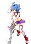  belt blue_hair chainsaw clothes_writing cosplay crossdressing english future_card_buddyfight hair_ornament juliet_starling juliet_starling_(cosplay) lollipop_chainsaw male_focus midriff mouth_hold navel otoko_no_ko red_eyes ryuuenji_tasuku simple_background sketch skirt solo thighhighs tobi_(one) white_background 