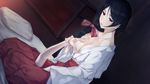  1girl areolae black_eyes black_hair blush breast_grab breasts futon game_cg grabbing highres innocent_grey japanese_clothes kara_no_shoujo_2 kimono large_breasts long_hair nipples no_bra pillow ponytail sitting solo sugina_miki 